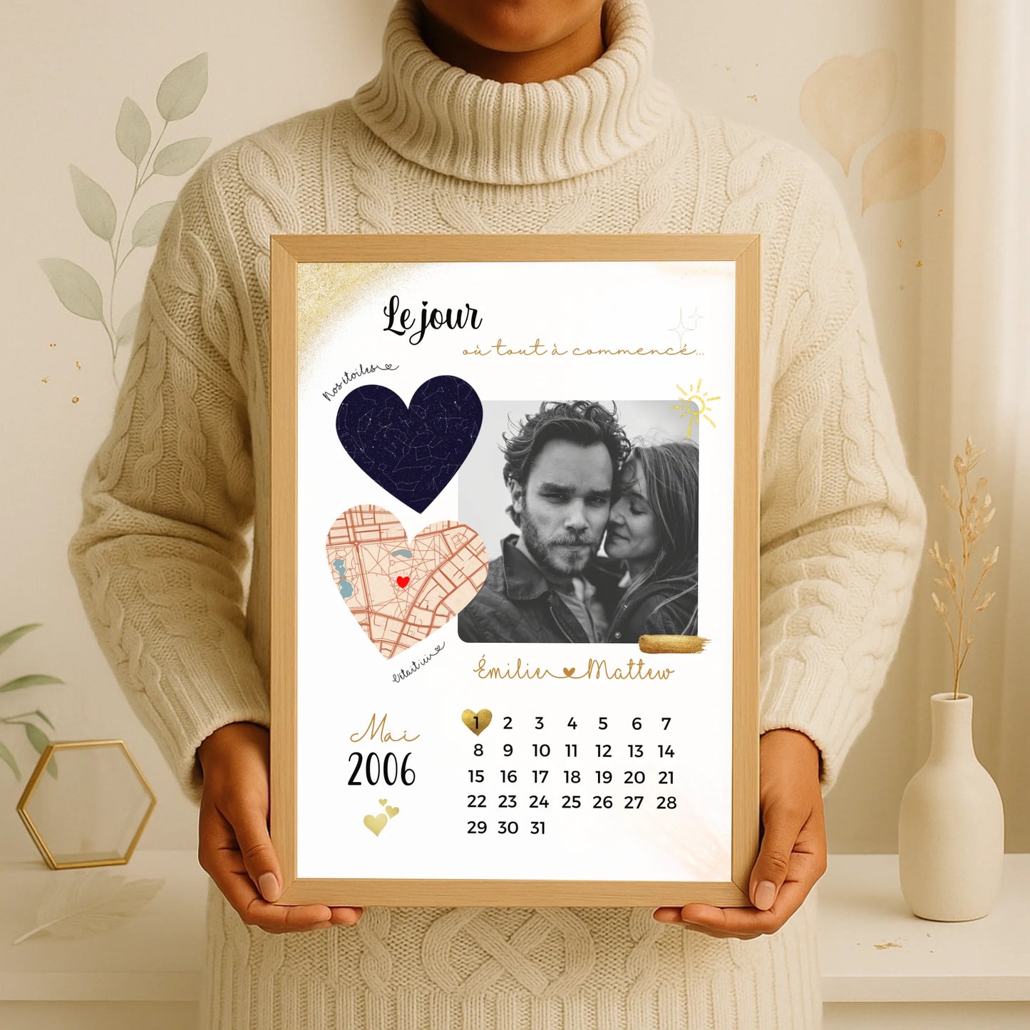 Affiche Personnalisée - couple Calendrier date, photo, Plan et Carte dPlume Revedor