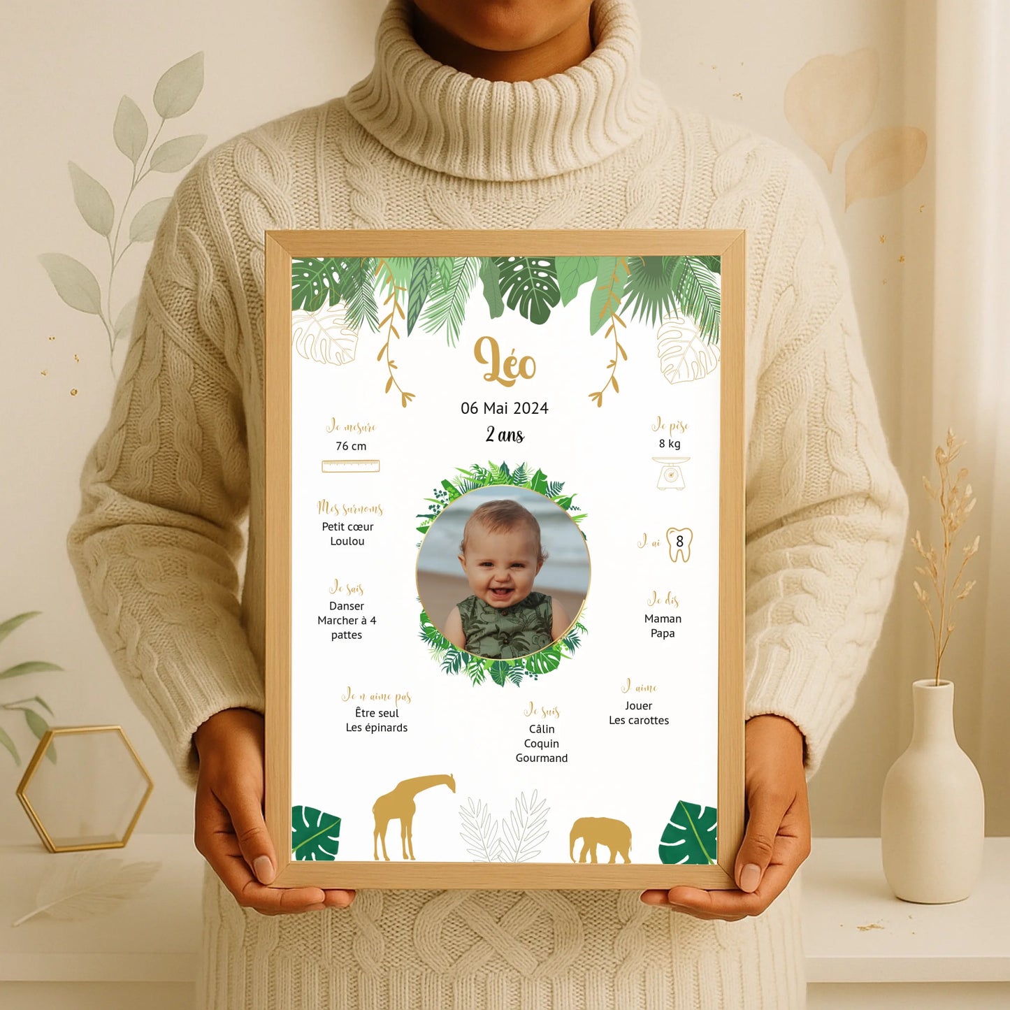 Affiche personnalisée - Anniversaire Baptême Jungle Girafe éléphantPlume Revedor