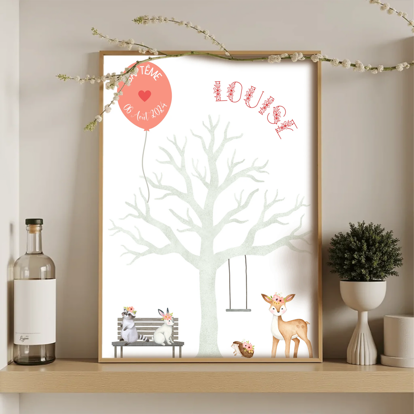 Affiche personnalisée - Baptême ou Anniversaire arbre à empreintes aniPlume Revedor