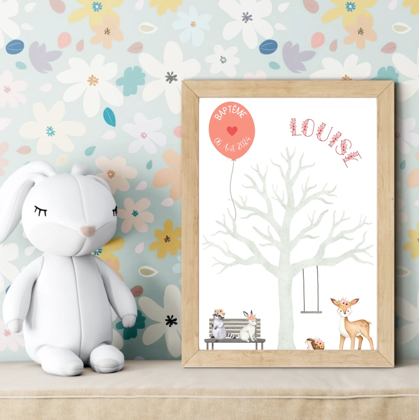 Affiche personnalisée - Baptême ou Anniversaire arbre à empreintes aniPlume Revedor