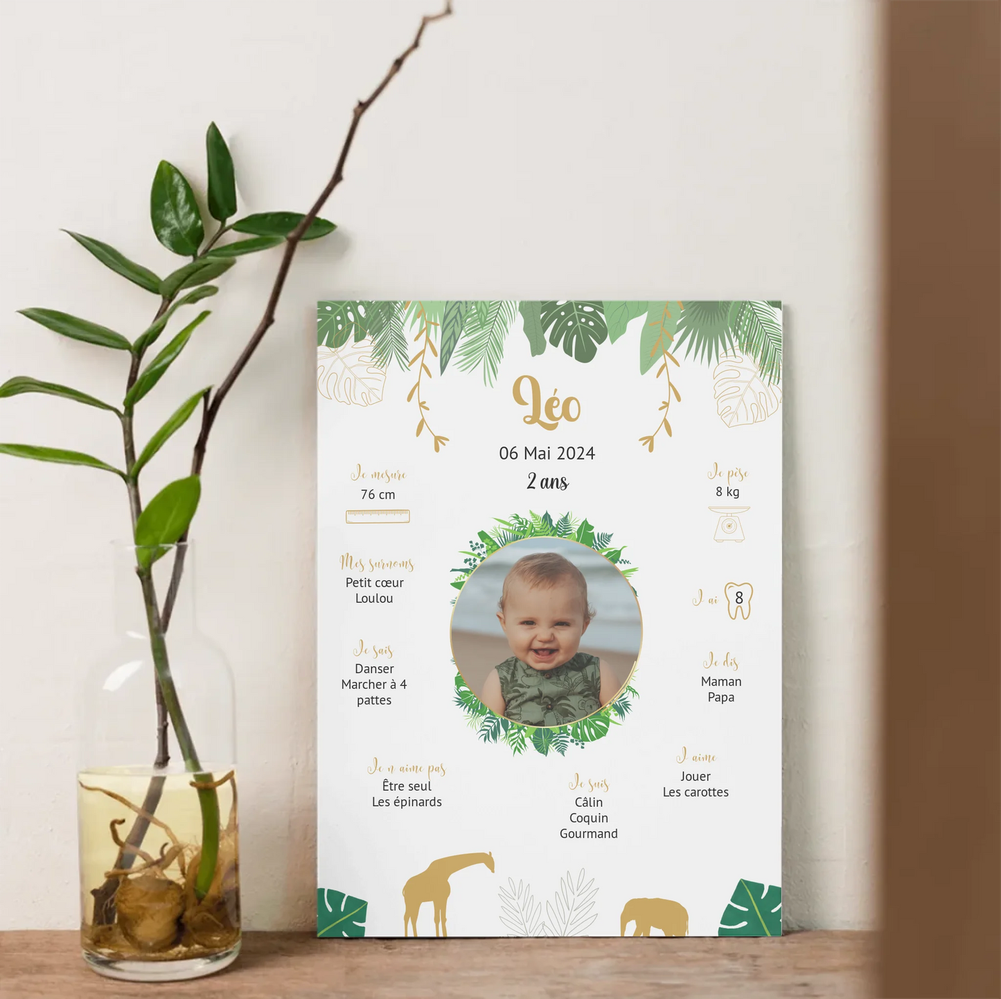 Affiche personnalisée - Anniversaire Baptême Jungle Girafe éléphantPlume Revedor
