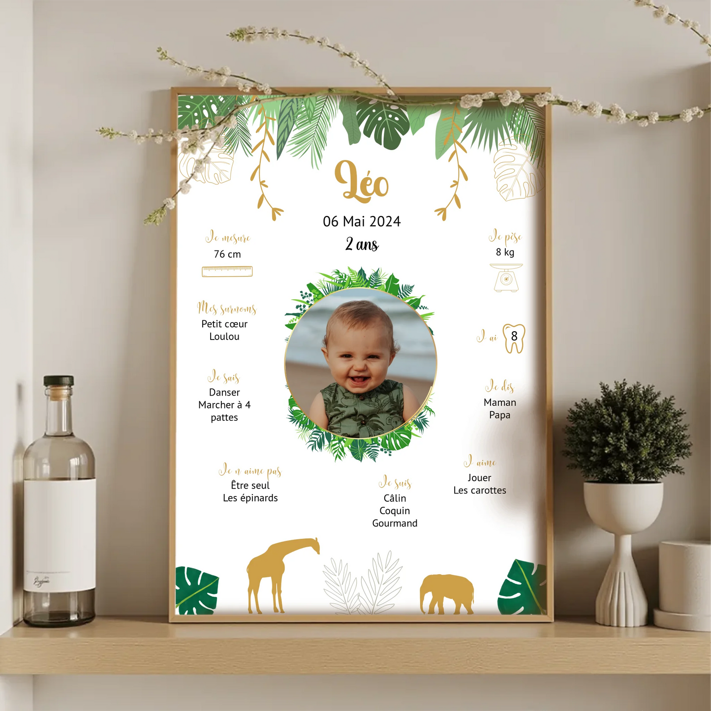 Affiche personnalisée - Anniversaire Baptême Jungle Girafe éléphantPlume Revedor