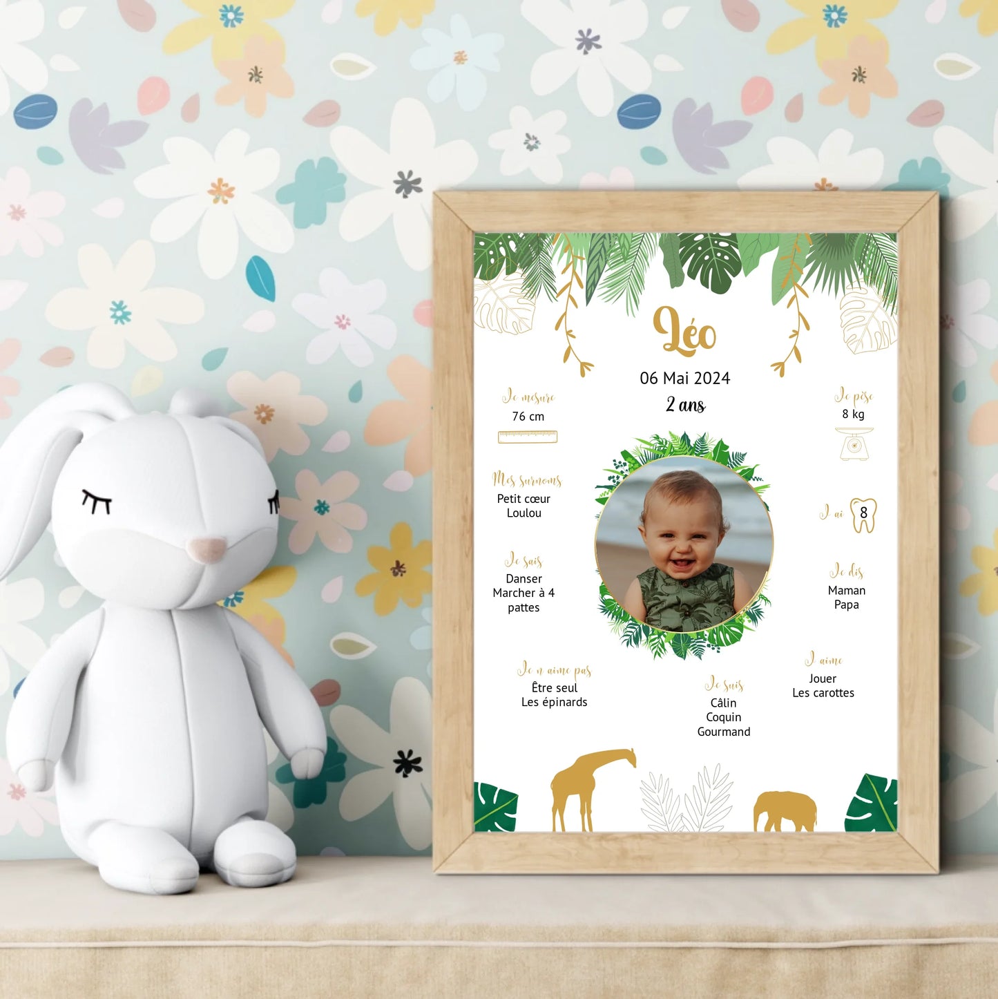 Affiche personnalisée - Anniversaire Baptême Jungle Girafe éléphantPlume Revedor