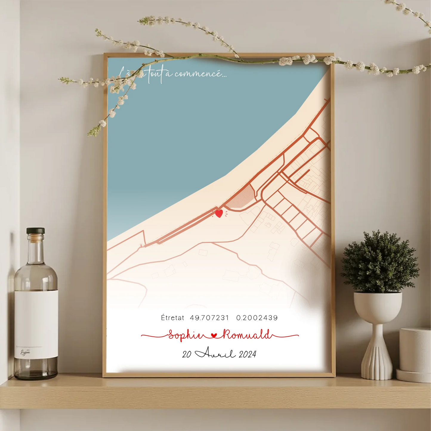 Affiche personnalisée - couple carte du lieu de rencontre - là où toutPlume Revedor