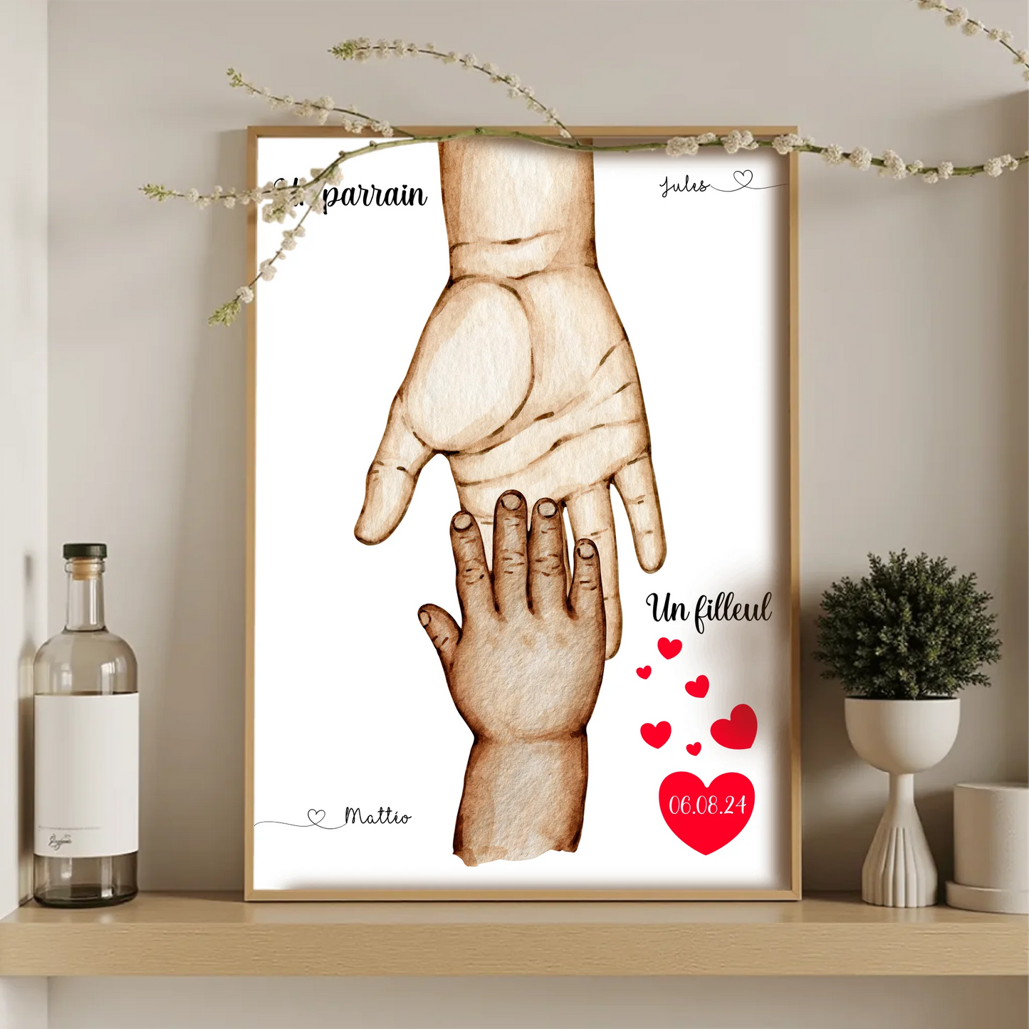 Affiche personnalisée - Mains Parrain Marraine Filleul(e) - Cadeau bapPlume Revedor