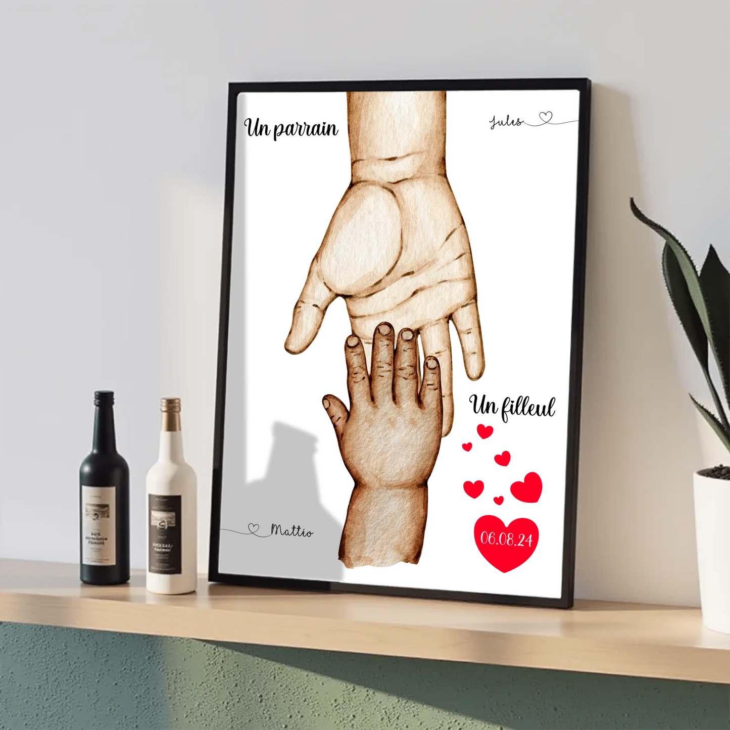 Affiche personnalisée - Mains Parrain Marraine Filleul(e) - Cadeau bapPlume Revedor