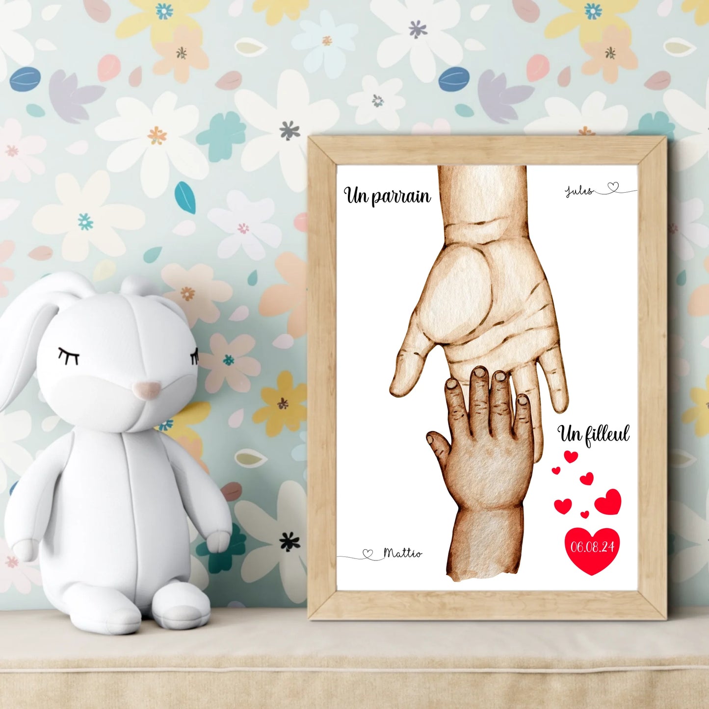 Affiche personnalisée - Mains Parrain Marraine Filleul(e) - Cadeau bapPlume Revedor