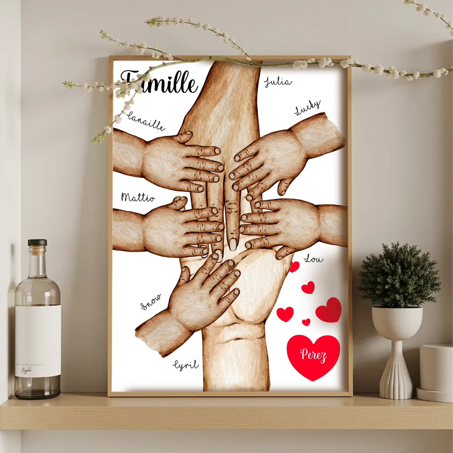 Affiche Famille Personnalisée - Mains et animaux - Cadeau personnaliséPlume Revedor