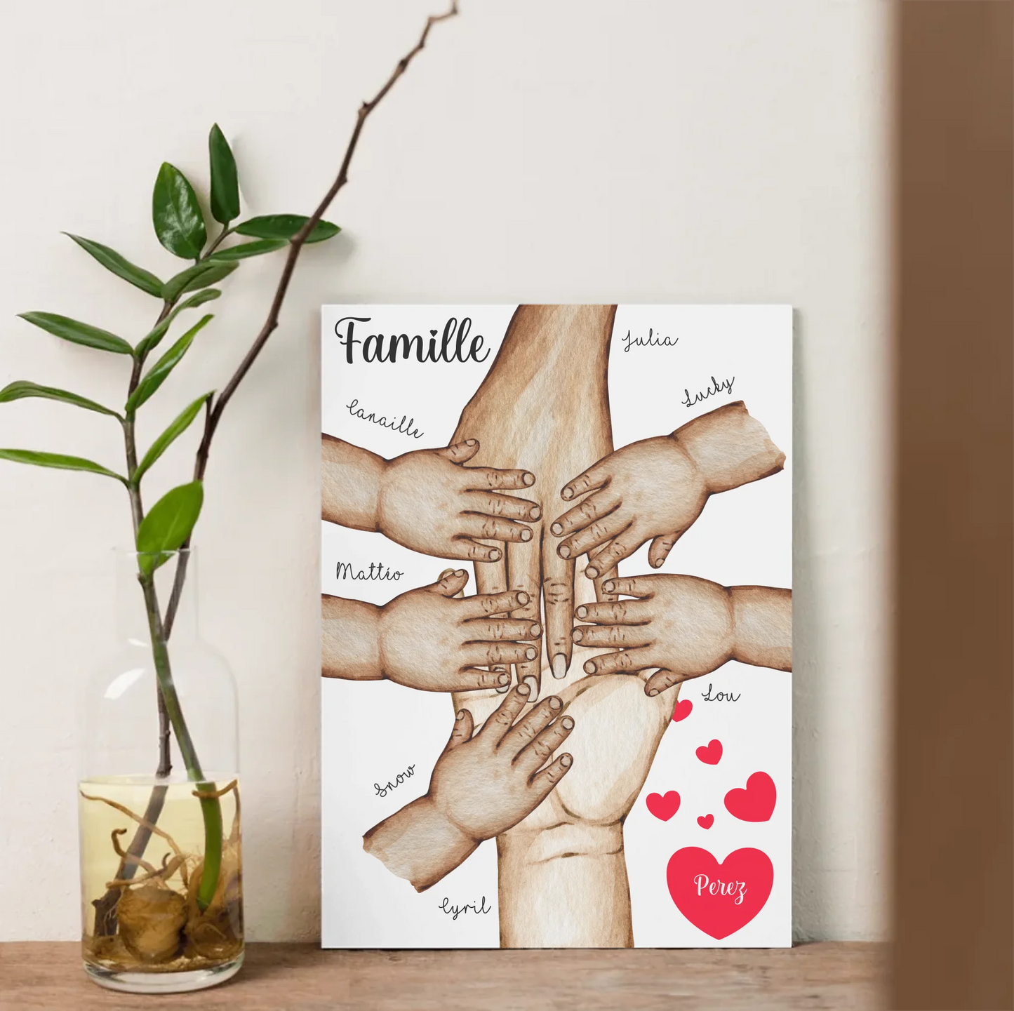Affiche Famille Personnalisée - Mains et animaux - Cadeau personnaliséPlume Revedor