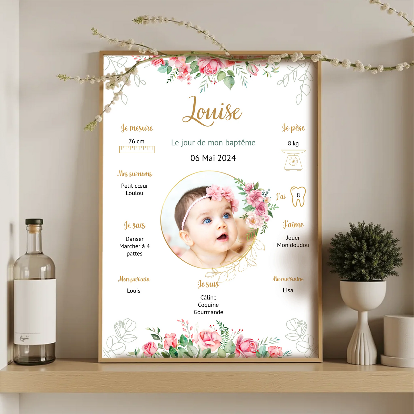 Affiche personnalisée Baptême ou Anniversaire "Bohème Roses"Plume Revedor