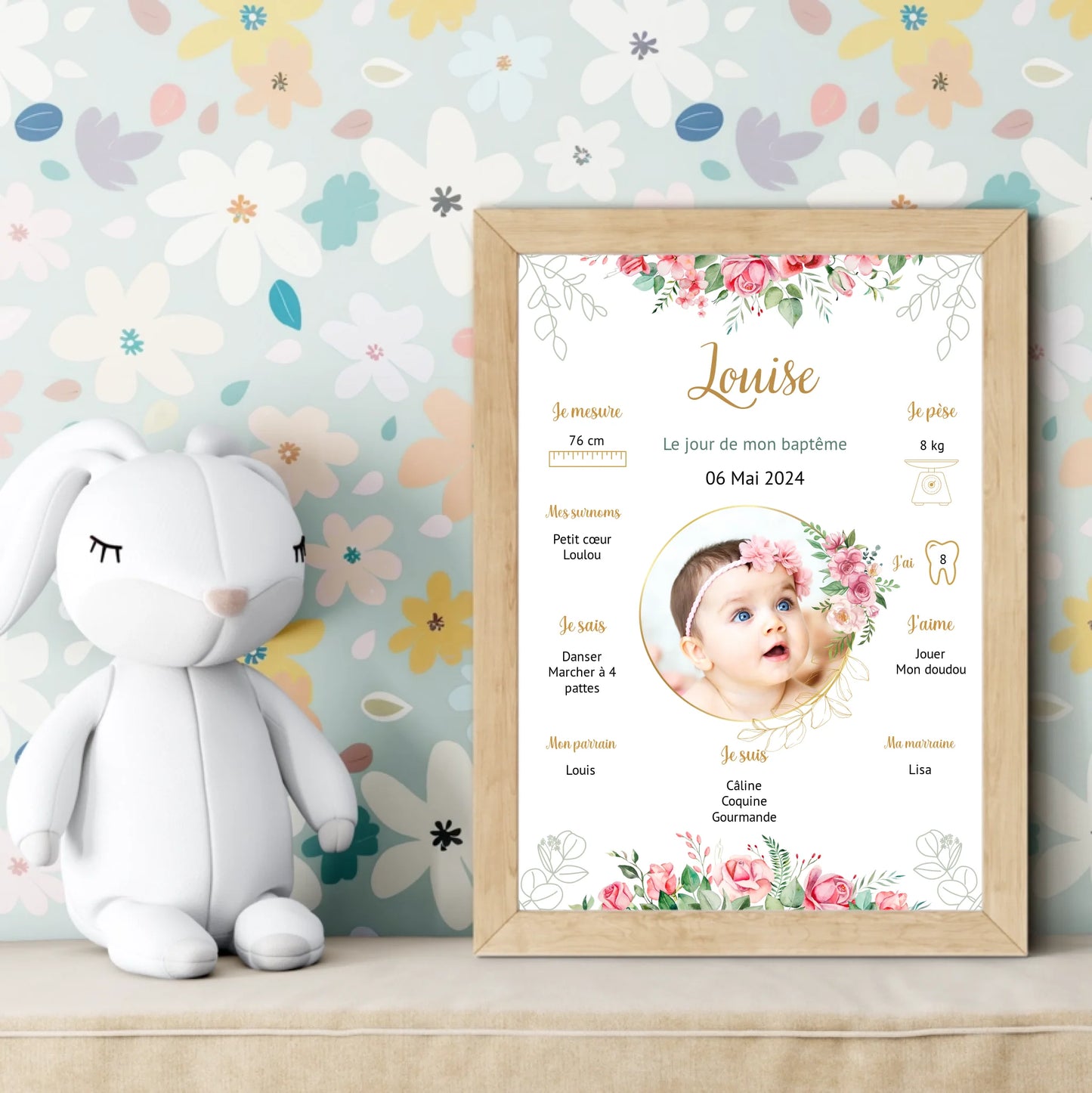Affiche personnalisée Baptême ou Anniversaire "Bohème Roses"Plume Revedor