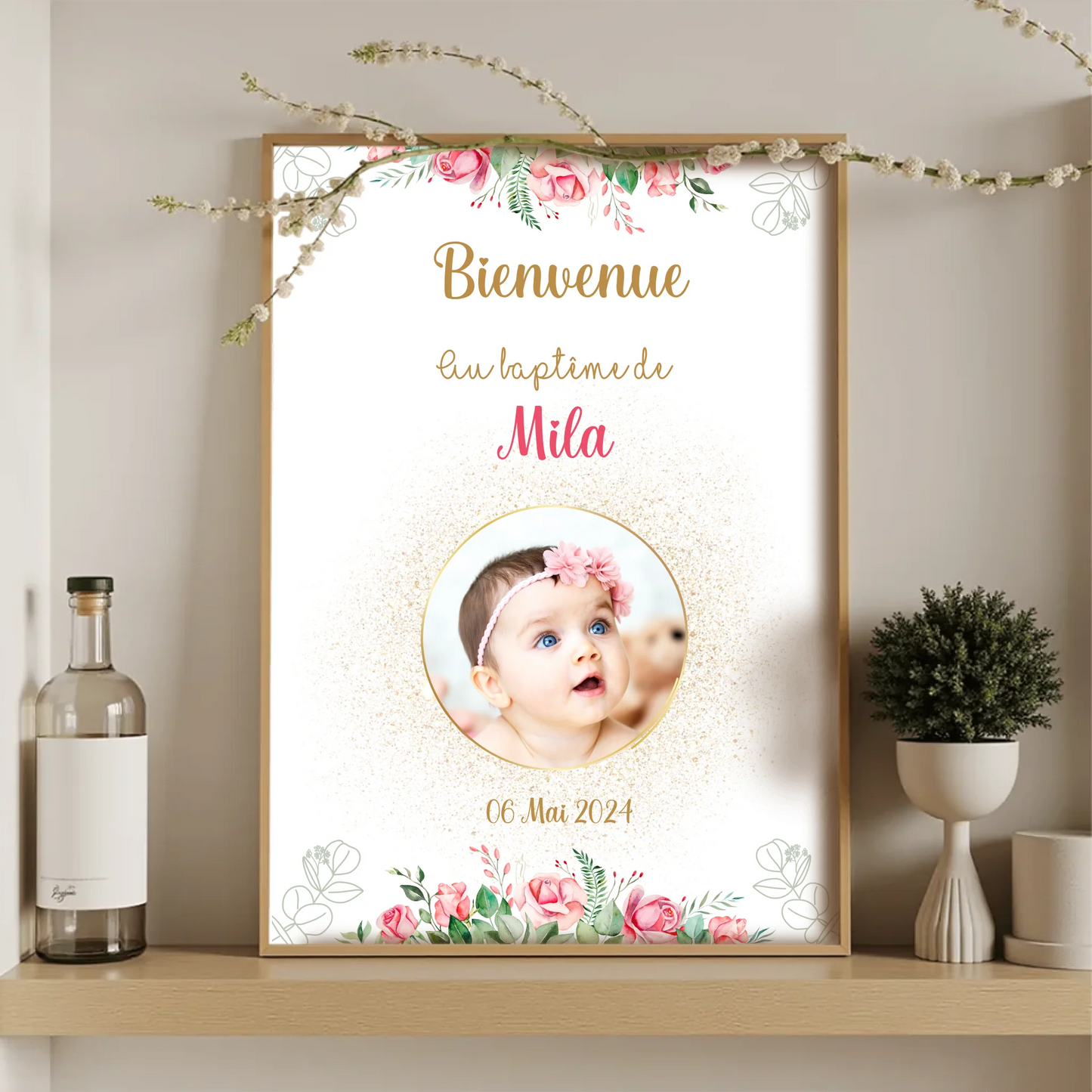 Affiche personnalisée Baptême ou Anniversaire Bienvenue "Bohème Roses"Plume Revedor