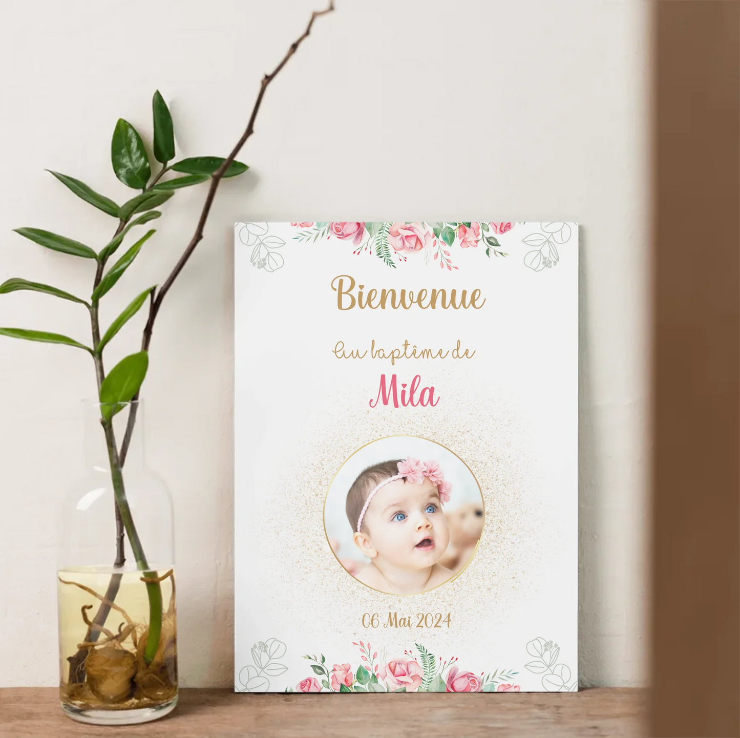 Affiche personnalisée Baptême ou Anniversaire Bienvenue "Bohème Roses"Plume Revedor