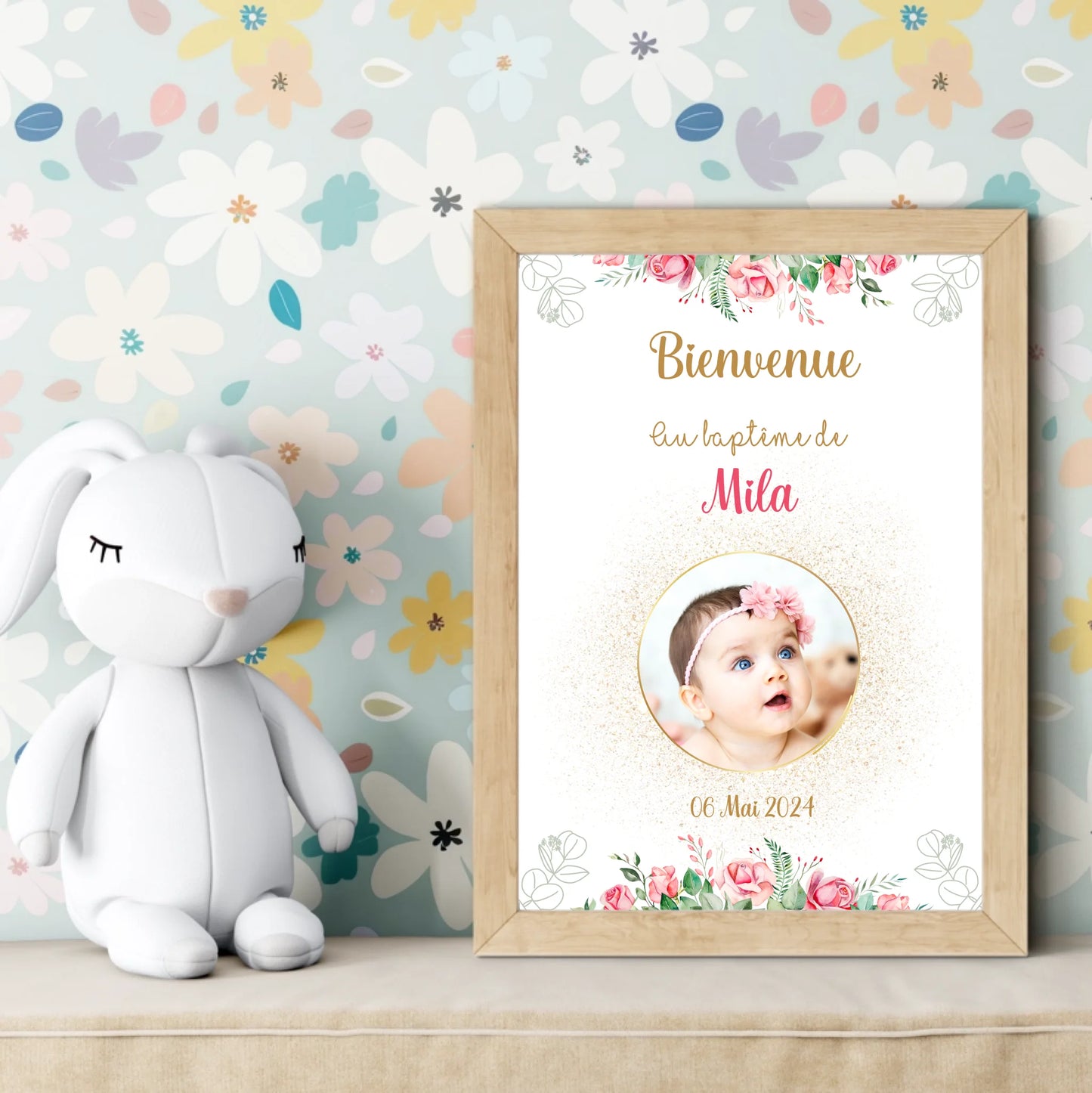 Affiche personnalisée Baptême ou Anniversaire Bienvenue "Bohème Roses"Plume Revedor