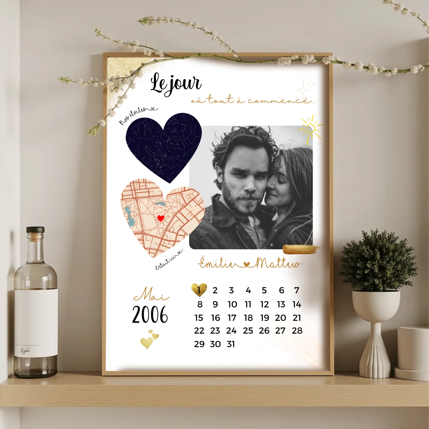 Affiche Personnalisée - couple Calendrier date, photo, Plan et Carte dPlume Revedor