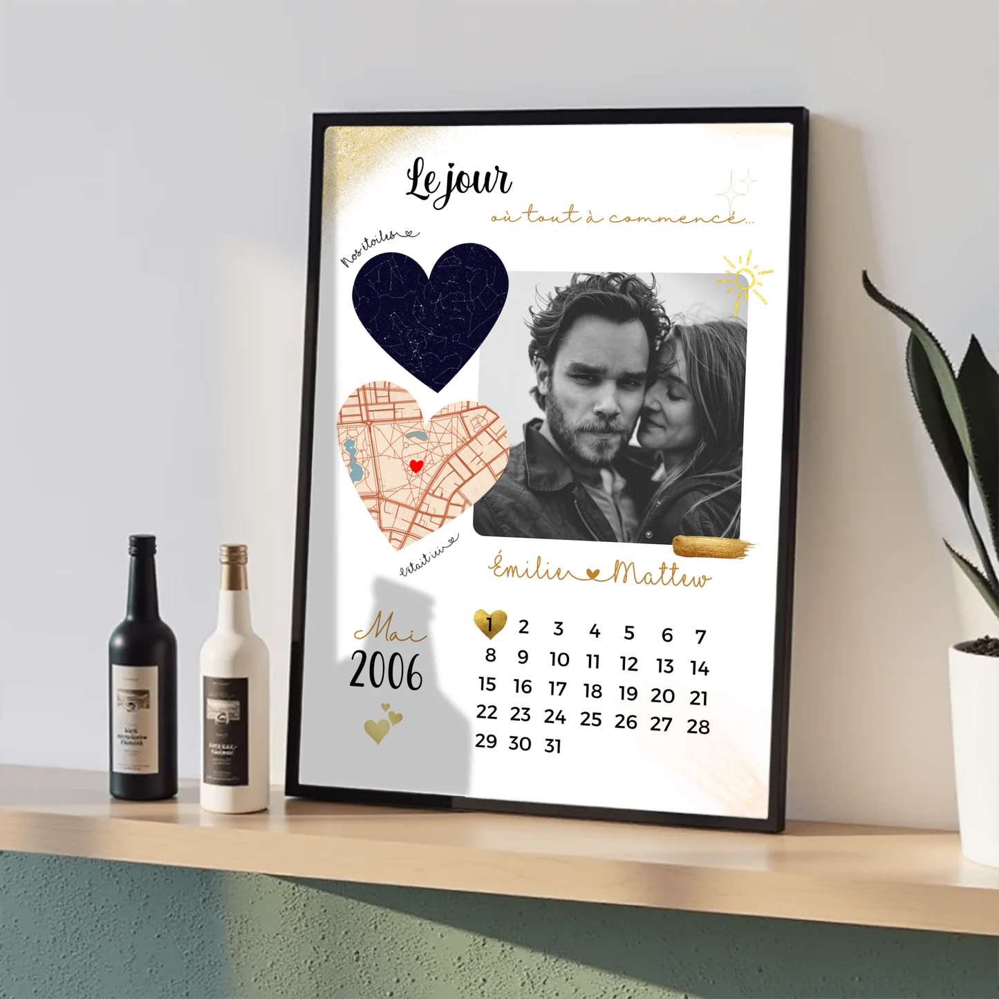 Affiche Personnalisée - couple Calendrier date, photo, Plan et Carte dPlume Revedor