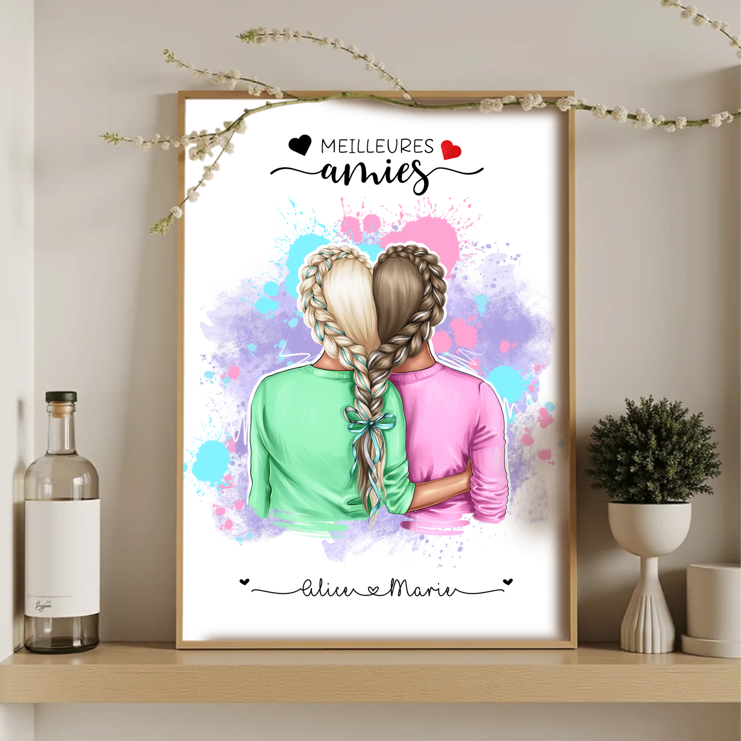 Affiche Personnalisée Meilleures Amies Nattes cœurPlume Revedor