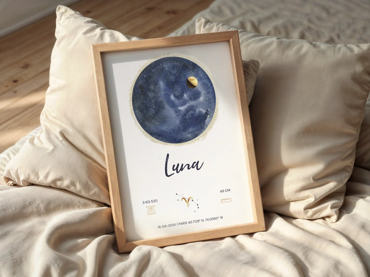 Affiche Personnalisée Naissance - Carte des étoiles avec Constellations, phase de la lune et signe astrologique
