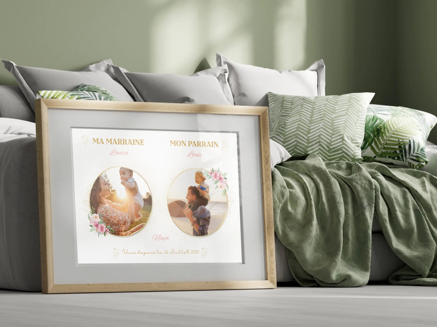 Affiche personnalisée - parrain et marraine avec photos - Baptême champêtre bohème rose