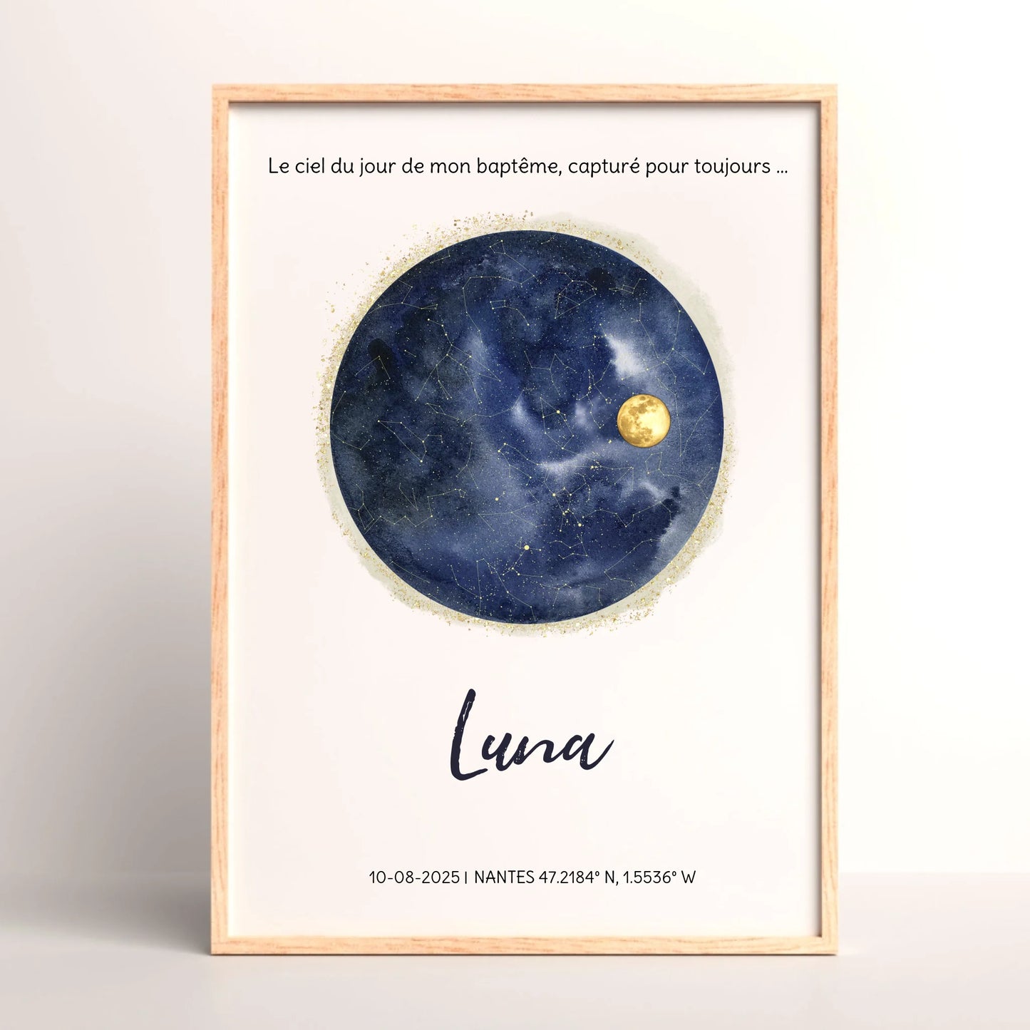 Affiche Personnalisée baptême - Carte des étoiles avec Constellations et phase de la lune