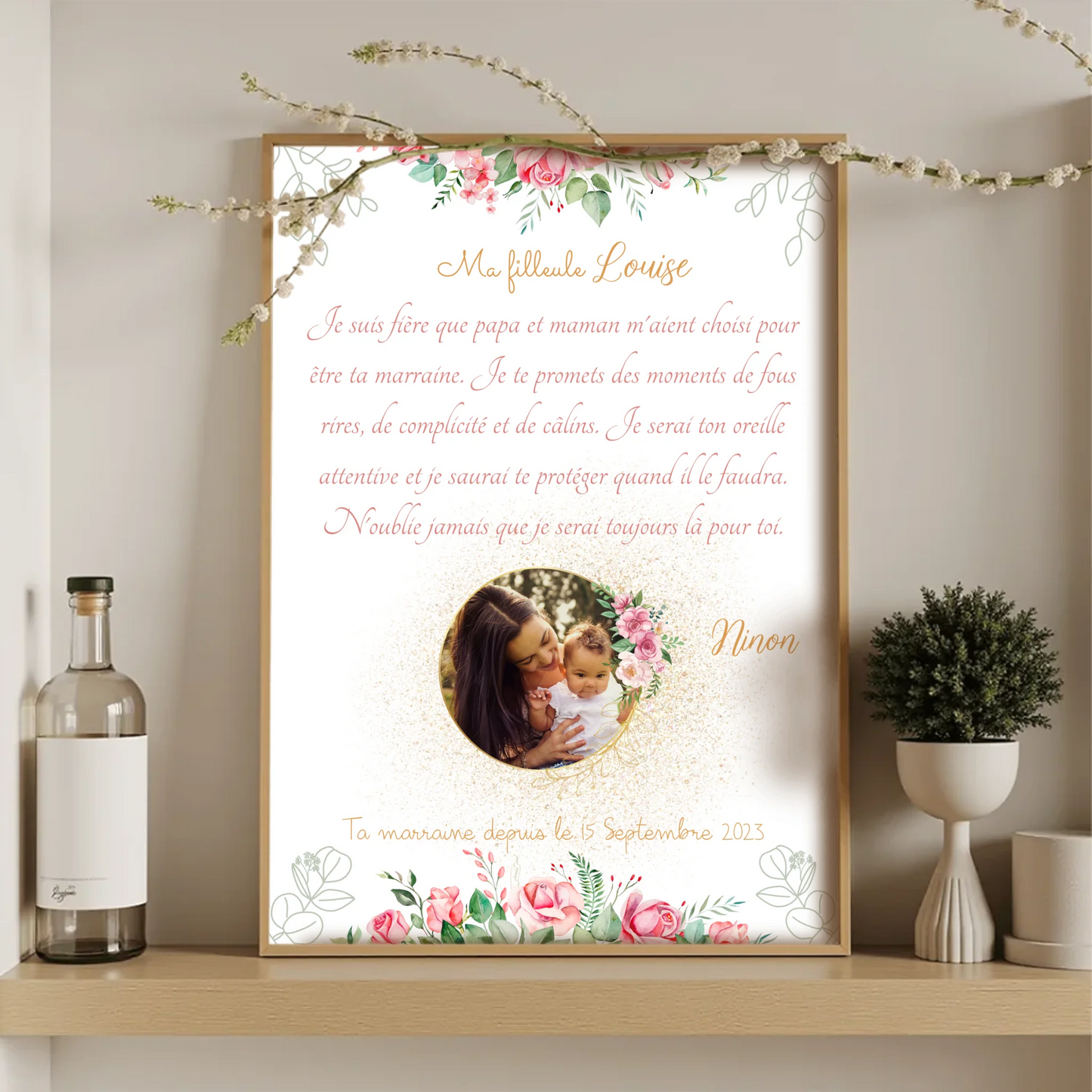Illustration marraine et bébé avec message émouvant et décoration florale