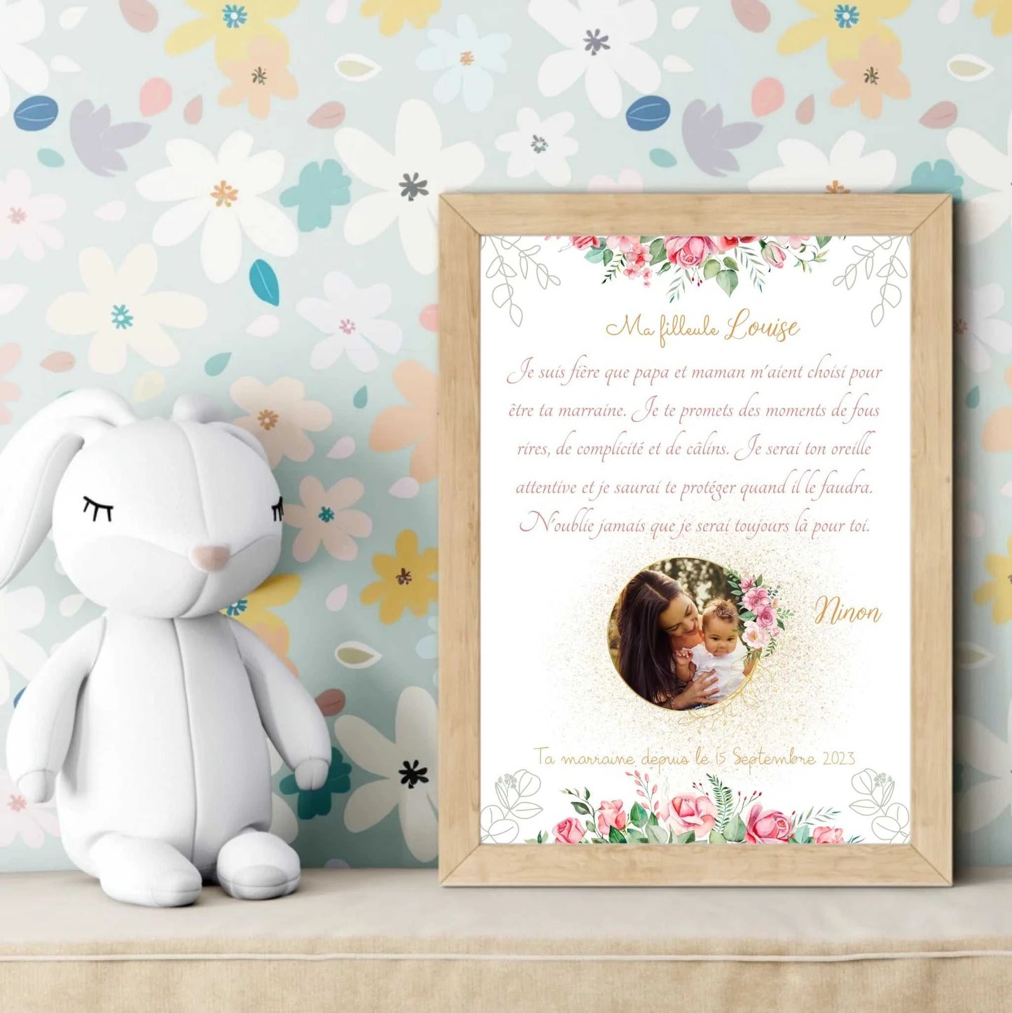 Affiche cadeau marraine à sa filleule – design floral avec texte personnalisé
