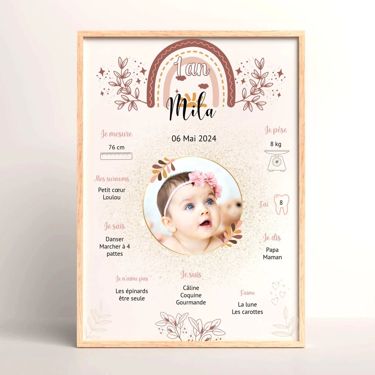 Cadre personnalisé Baptême ou Anniversaire "Bohème Roses"