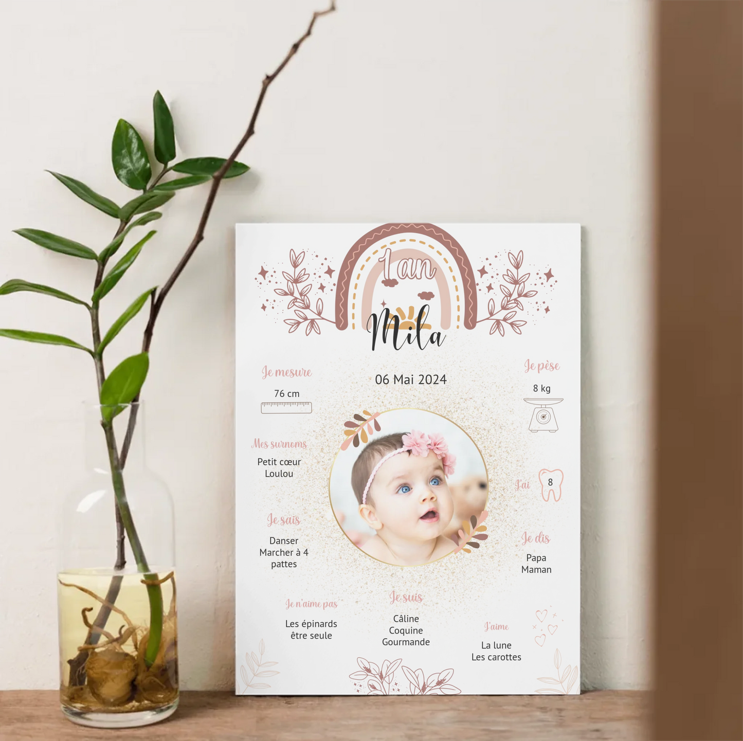 Affiche personnalisée 1 an bébé avec portrait, surnoms et goûts de l’enfant