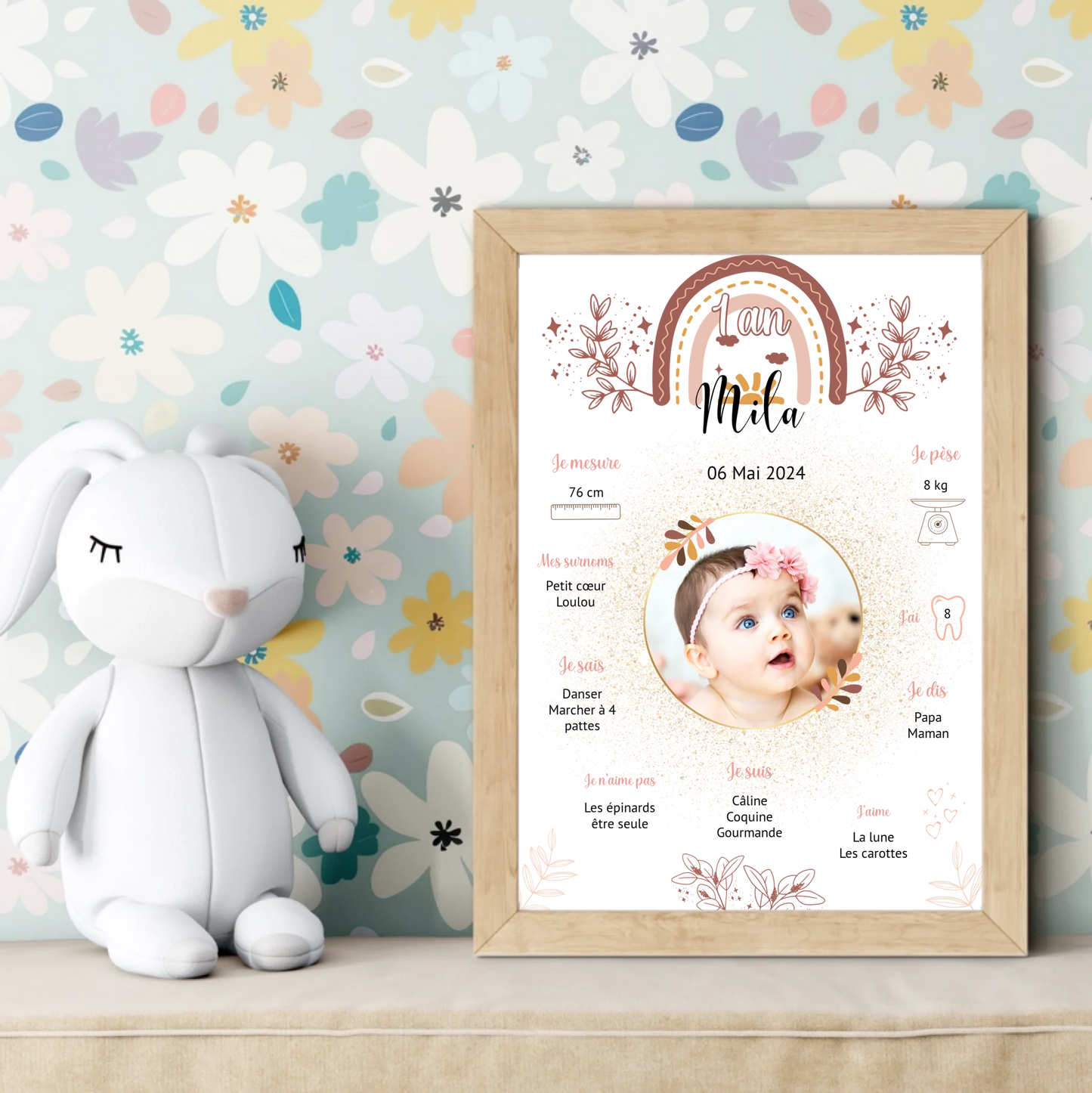 Affiche personnalisée 1 an bébé avec portrait, surnoms et goûts de l’enfant