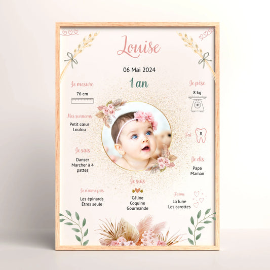Cadre personnalisé Baptême ou Anniversaire "Bohème Roses"
