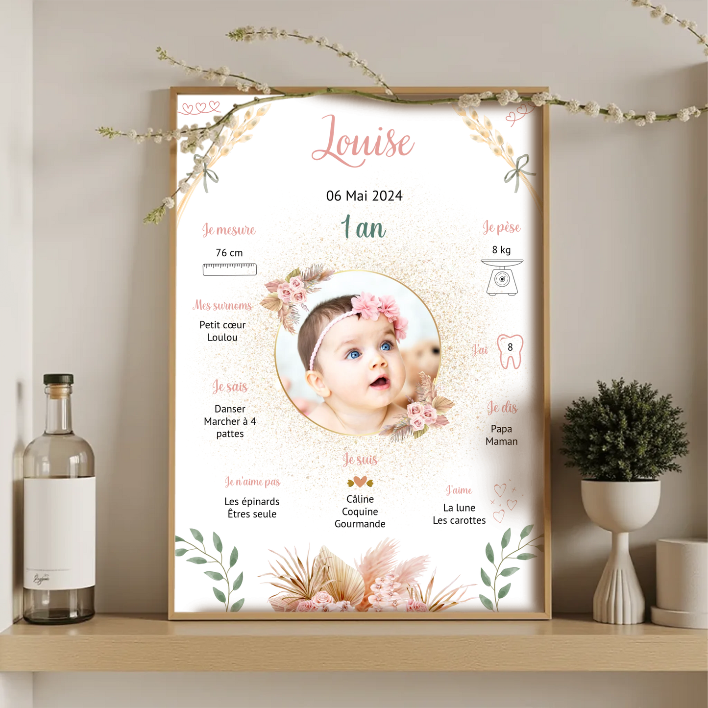 Affiche anniversaire 1 an fille personnalisée avec prénom, photo et détails bébé