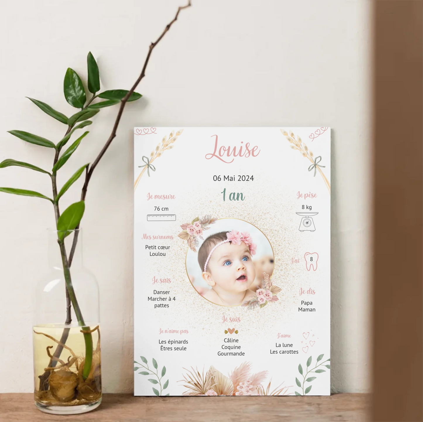 Poster bohème floral 1 an – prénom, informations personnalisables
