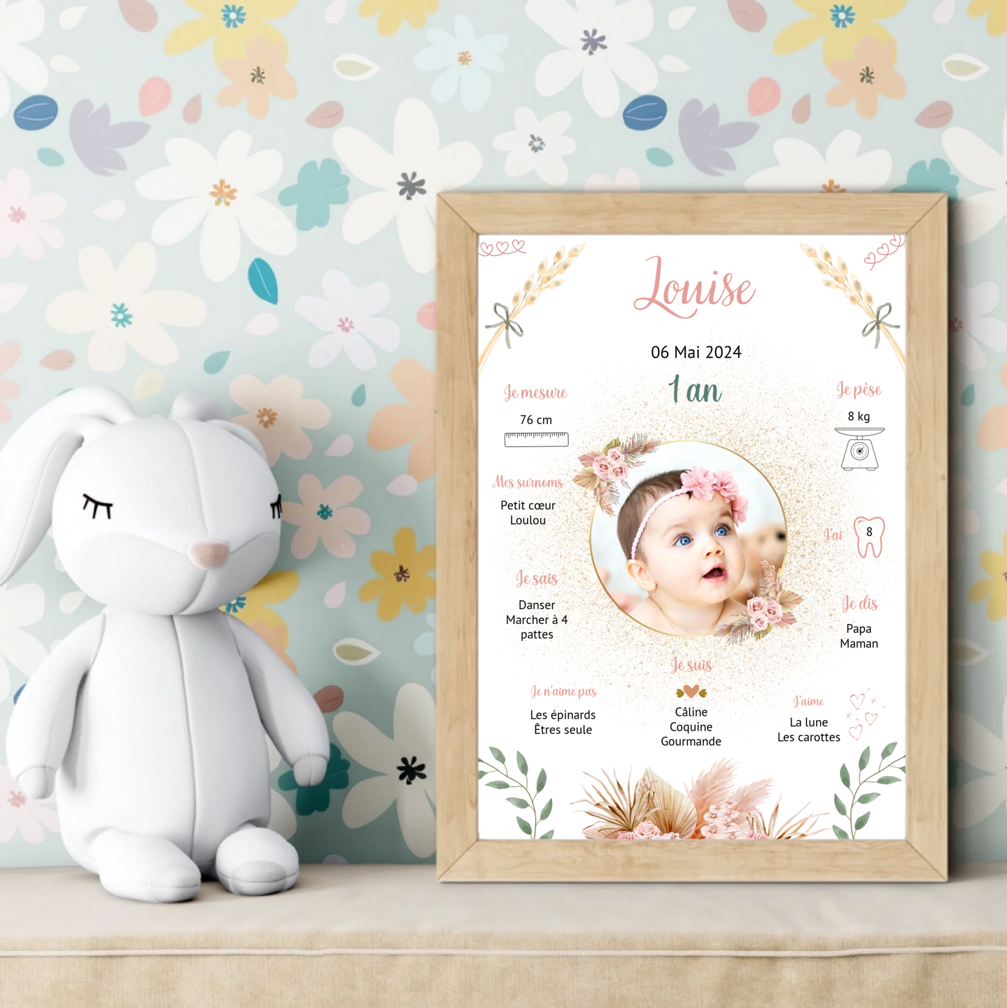 Souvenir premier anniversaire bébé fille – affiche personnalisée style nature