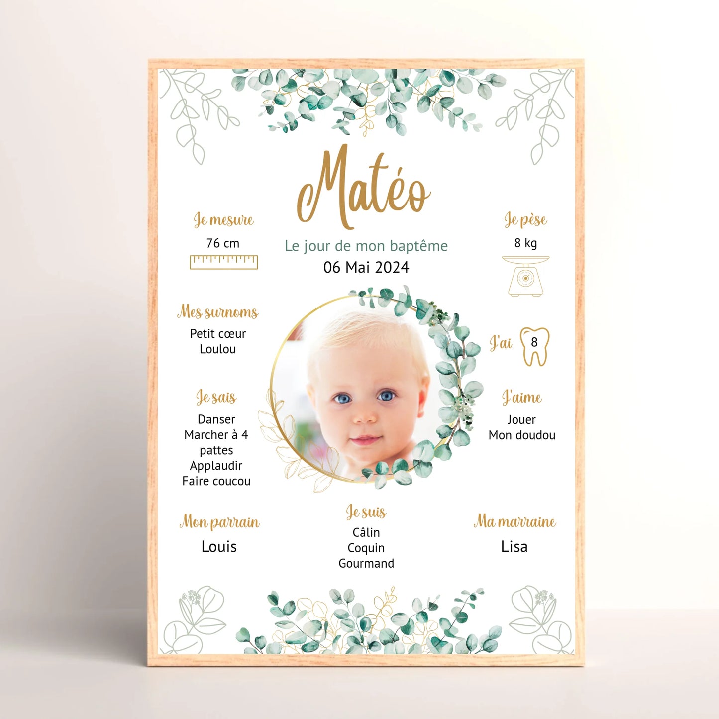 Cadre personnalisé Baptême ou Anniversaire eucalyptus