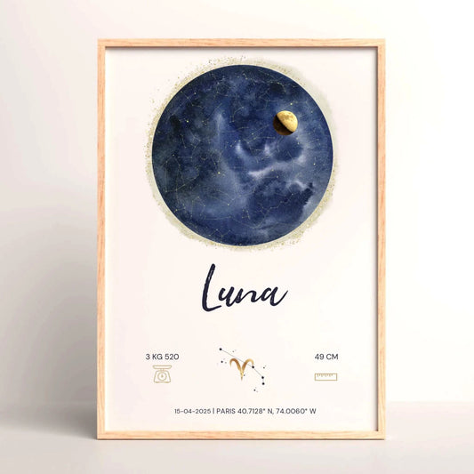 Affiche Personnalisée Naissance - Carte des étoiles avec Constellations, phase de la lune et signe astrologique