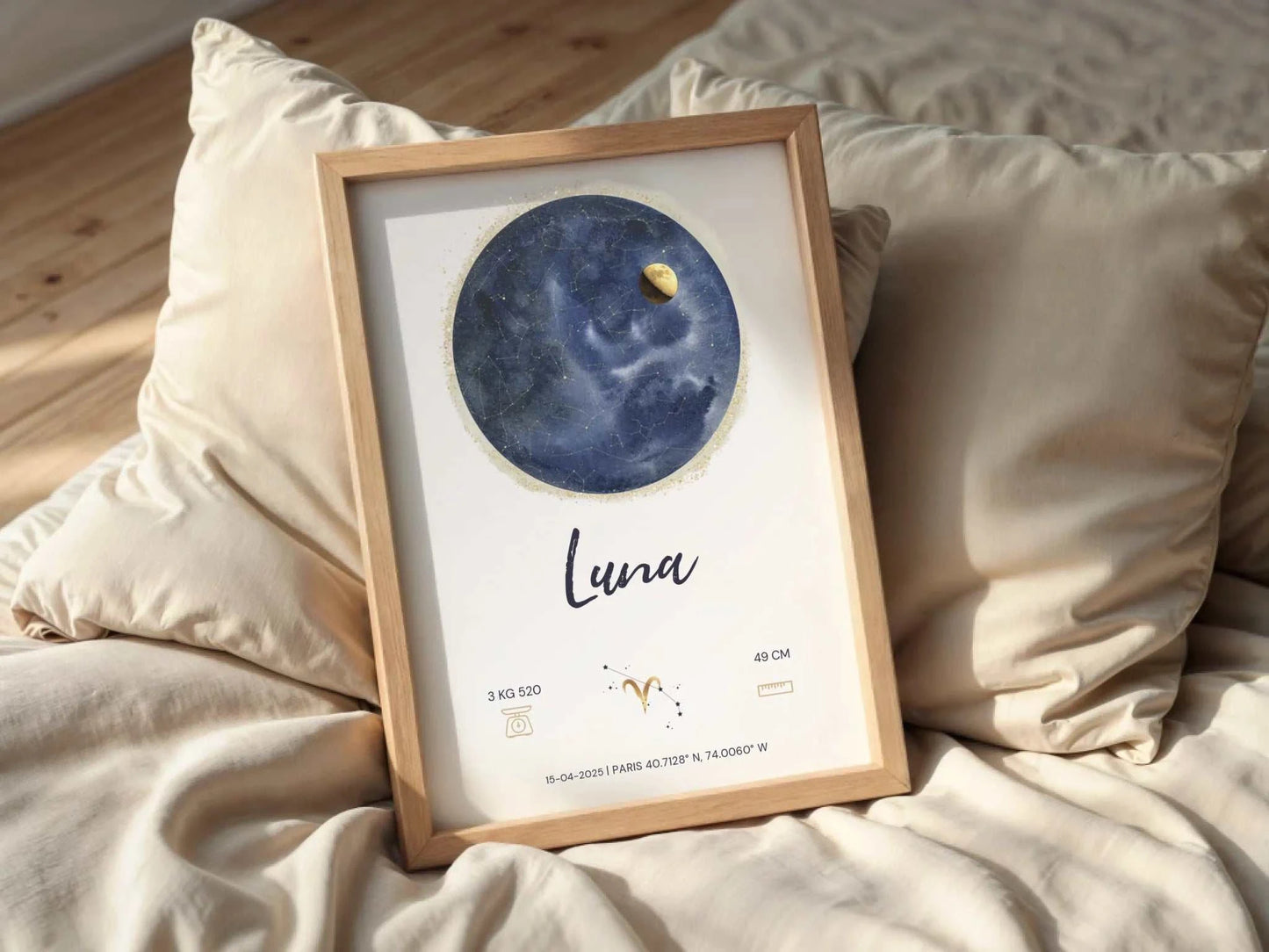 Affiche Personnalisée Naissance - Carte des étoiles avec Constellations, phase de la lune et signe astrologique