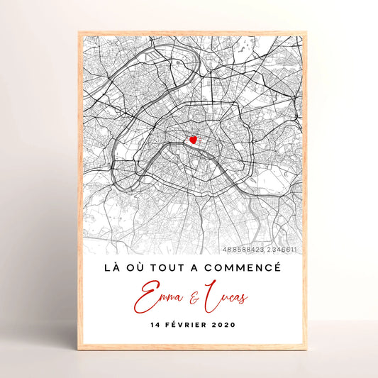 Cadre couple personnalisé - carte du lieu de rencontre - là où tout à commencé