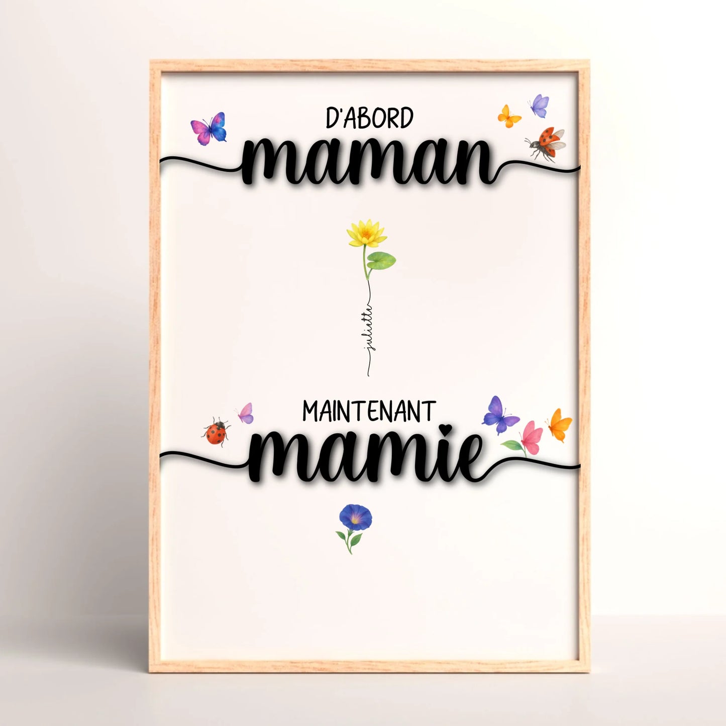 Affiche D'abord maman, maintenant mamie avec Fleurs de Naissance. Cadeau Mamie