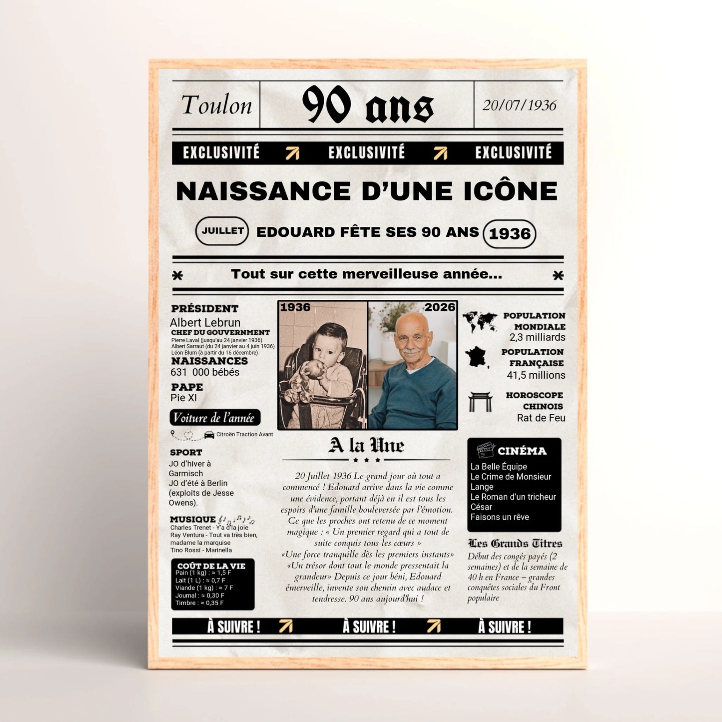 Affiche Personnalisée Anniversaire 90 Ans Journal. Cadeau anniversaire 90 ans