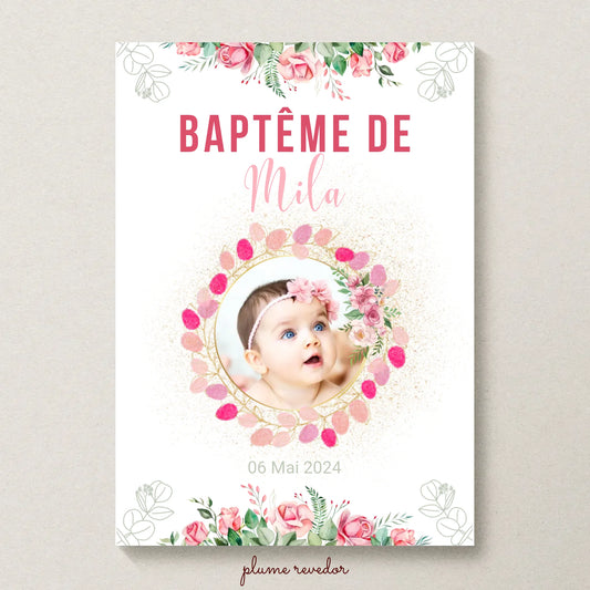 Affiche personnalisée Baptême ou Anniversaire arbre à empreintes baptême "Bohème Roses"