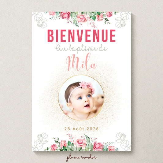 Affiche personnalisée Baptême ou Anniversaire Bienvenue "Bohème Roses"