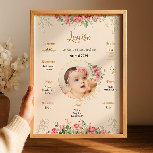 Affiche personnalisée Baptême ou Anniversaire "Bohème Roses"