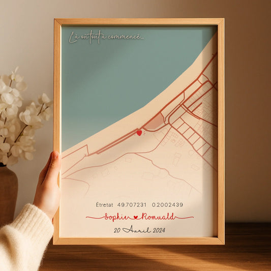 Affiche personnalisée - couple carte du lieu de rencontre - là où tout à commencé