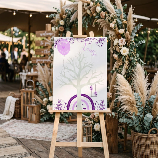 Affiche personnalisée - Baptême ou Anniversaire arbre à empreintes arc-en-ciel violet