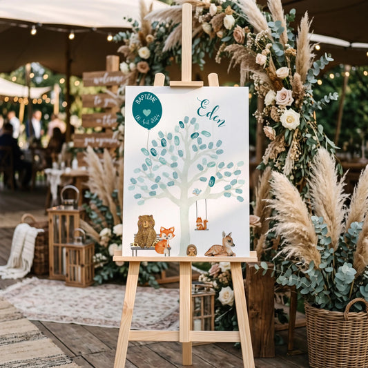 Affiche personnalisée - Baptême ou Anniversaire arbre à empreintes animaux de la forêt bleu