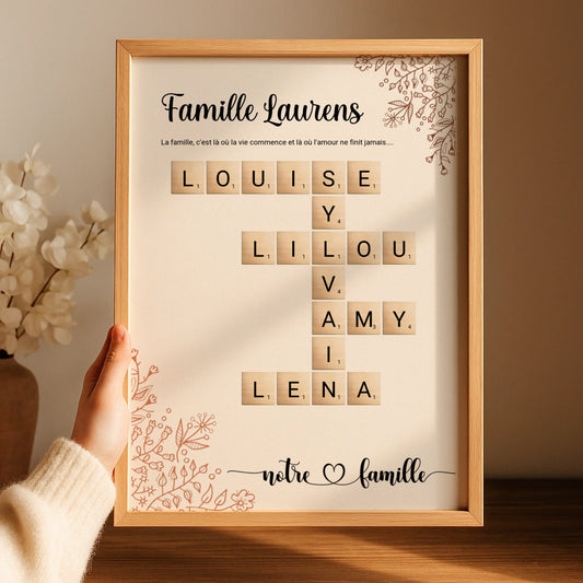 Affiche Famille Scrabble Personnalisée - Cadeau déco prénom croisés - Poster Scrabble fleurs