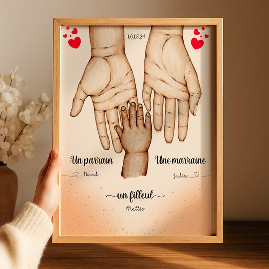 Affiche personnalisée - Main dans la main Parrain Marraine et Filleul(e) - Baptême
