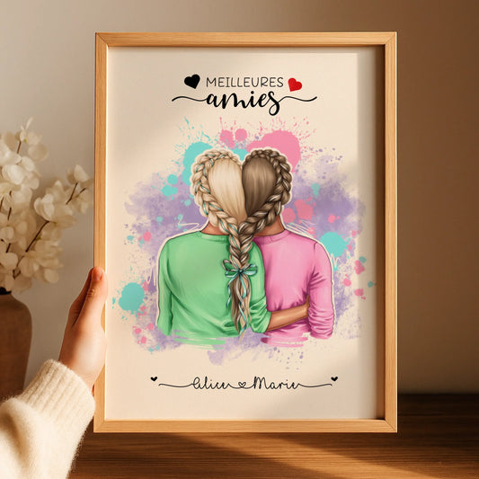 Affiche Personnalisée Meilleures Amies Nattes cœur