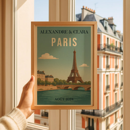 Affiche vintage personnalisée Paris – Tour Eiffel & Pont sur la Seine