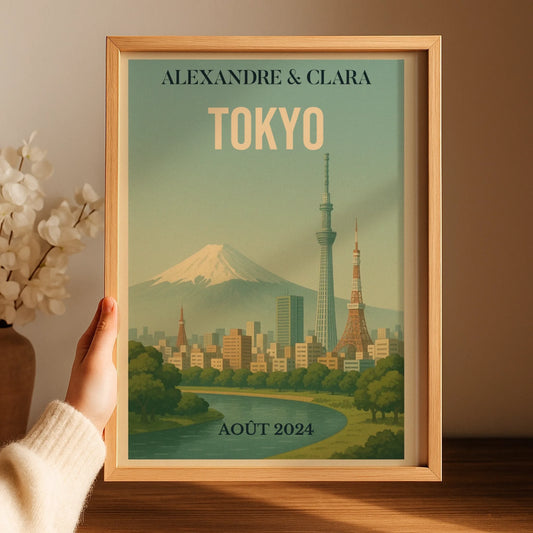 Affiche Voyage couple Tokyo vintage – Mont Fuji & skyline – déco murale personnalisable